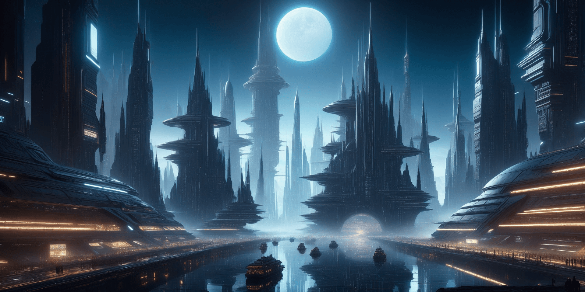 AI generated: an eye-level, wide-shot photograph depicts a futuristic cityscape at night. the foreground is domina...