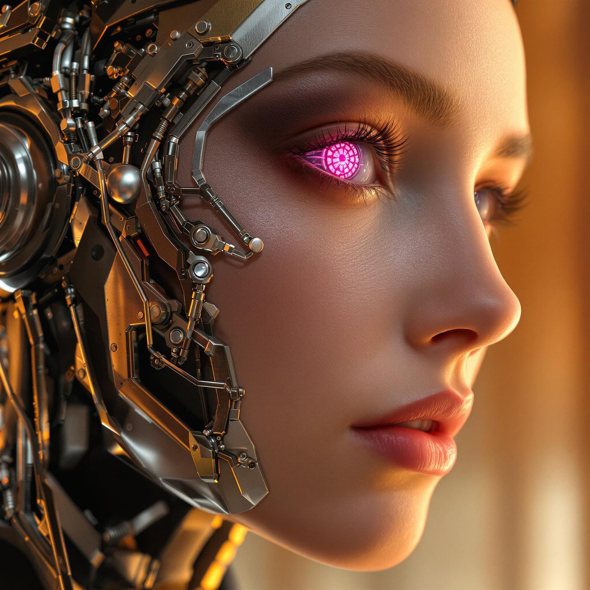 AI generated: 1/2 view. a cyberpunk woman with a cyber bio-mechanical face. Detailed human skin texture integrates...