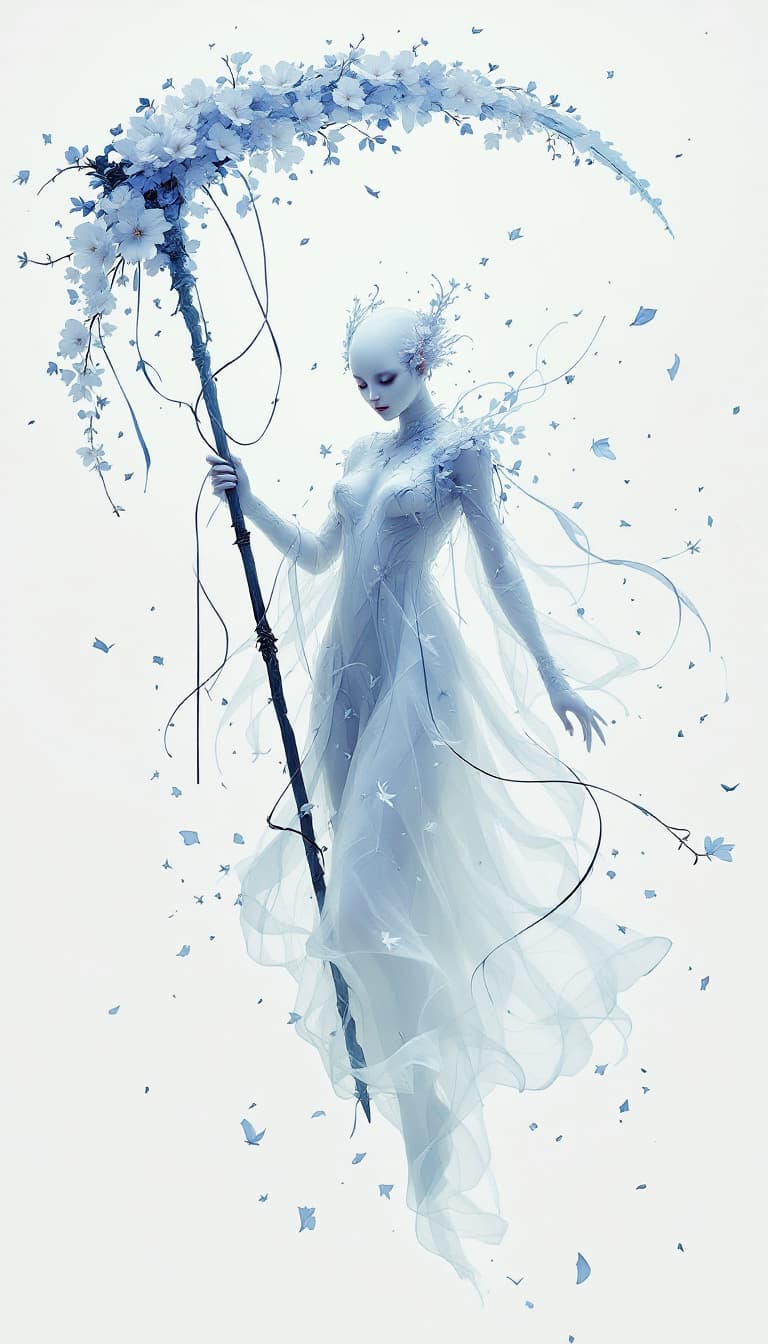 AI generated: A being who has stepped outside of time floats through a void in reality, wielding a scythe adorned ...