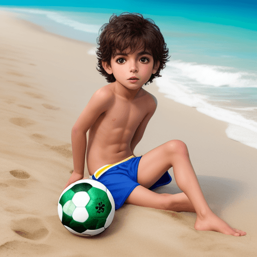 AI generated: niño en la playa  con ropa de futbol