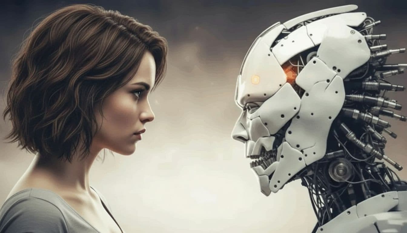 AI generated: A human and a robotic figure face each other in a futuristic setting. The human, positioned on the l...