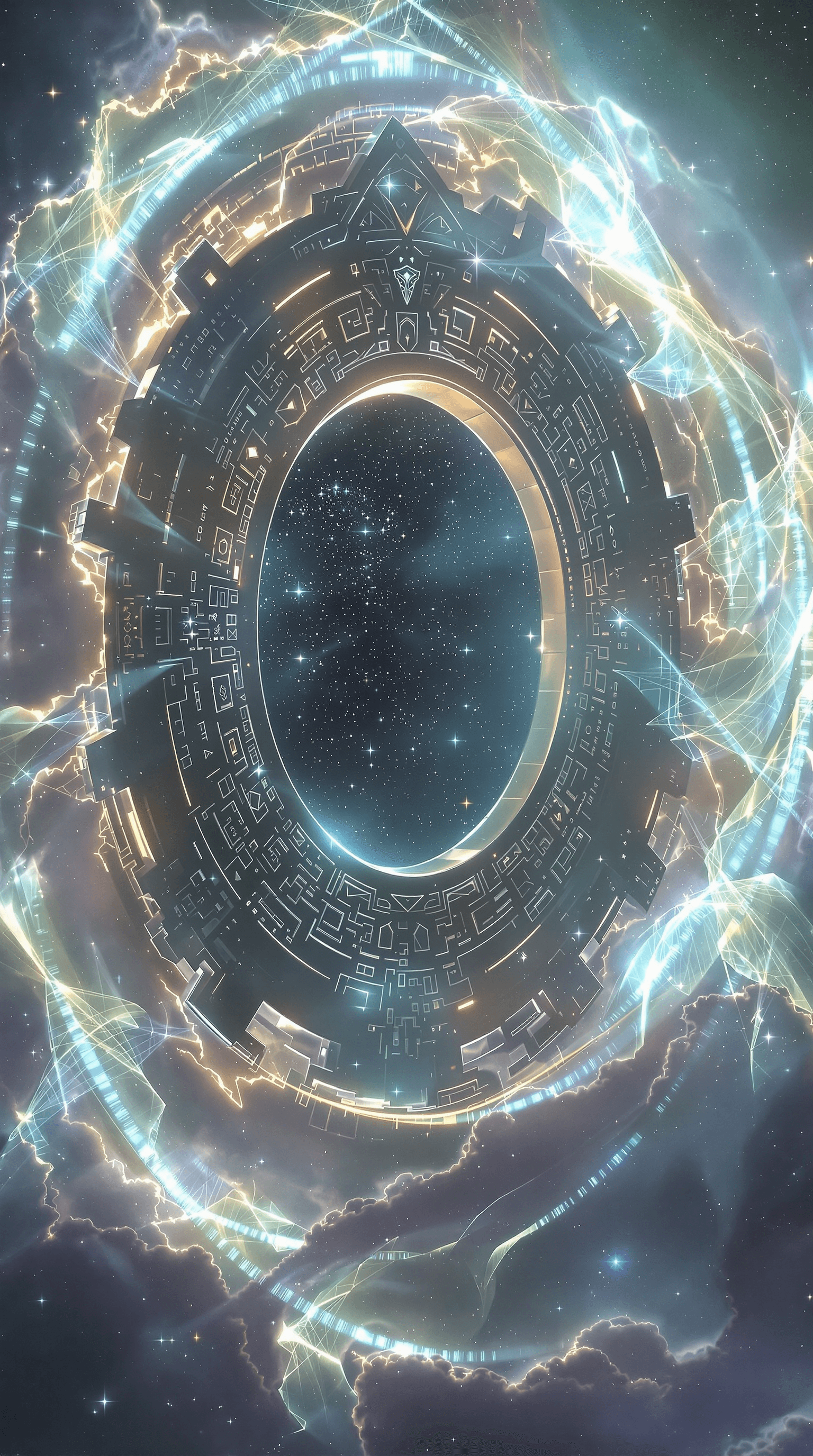 AI generated: An ethereal cosmic landscape centered on the legendary Tannhäuser Gate, a colossal structure suspend...