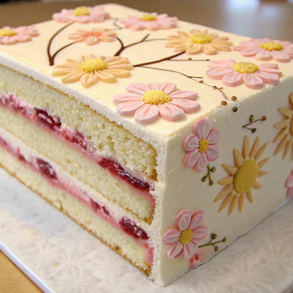 AI generated: Close up photograph of a slice of layered cake with a cherry blossom theme, a layer of fruit filling...