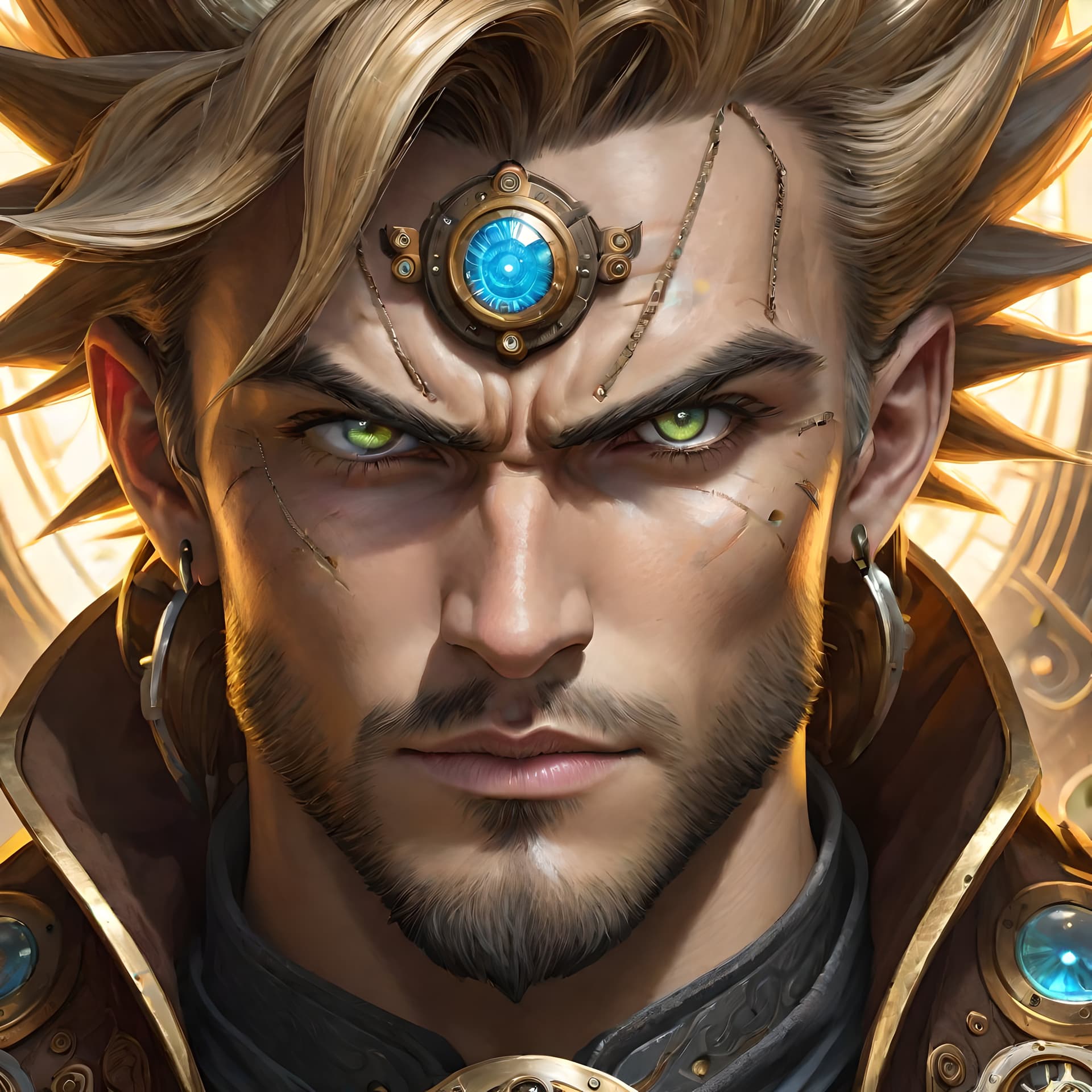 AI generated: A man going super saiyan in the style of Magic The Gathering, steampunk, detailed eyes, detailed fac...