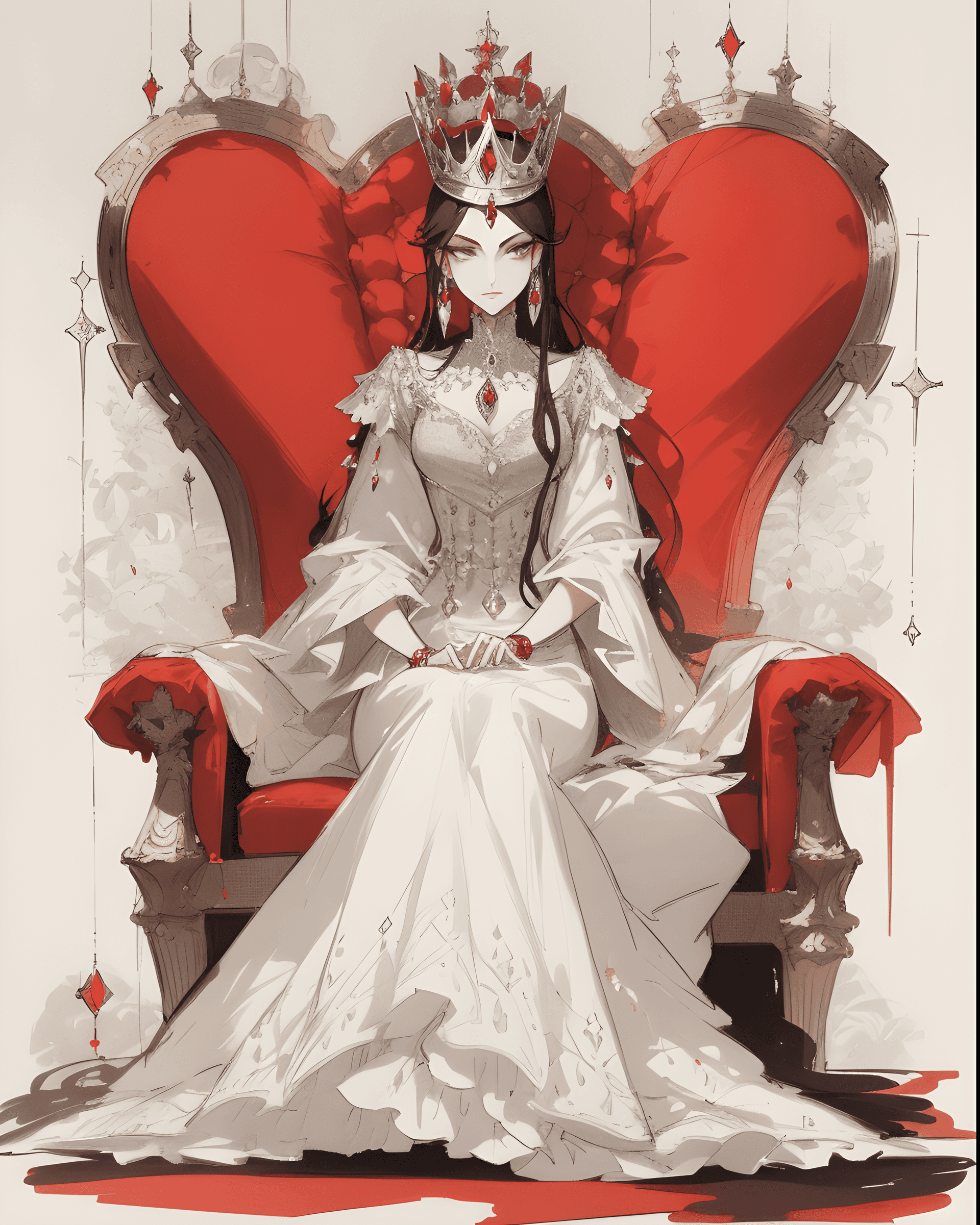 AI generated: a drawing of a woman in a white dress sitting on a red chair, a sketch, by amano, gothic art, disney...