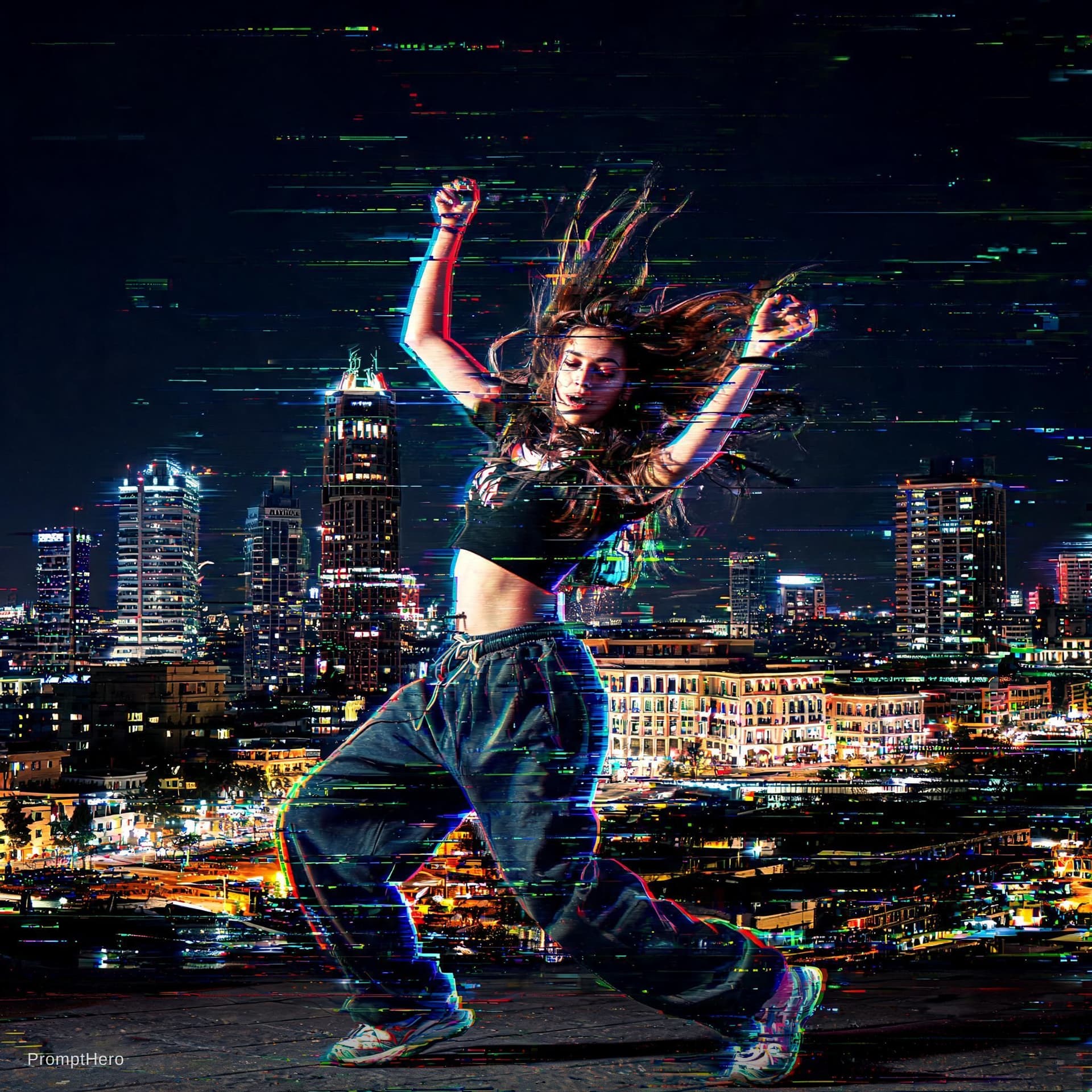 AI generated: girl dance wild in beirut in Glitch Effect