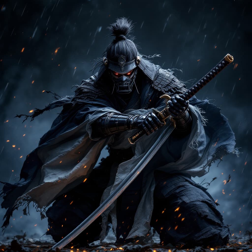 AI generated: at night, taking katana out of sheet, fighting pose, samurai warrior in battlefield, all black armou...