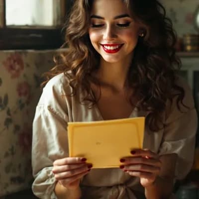 AI generated video: The girl holds a letter in her hands, reading it with a smile. very happy. romantic.  high details. ...
