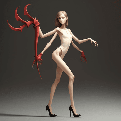 AI generated: a stick-thin girl in high heels with long hooked claws