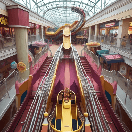 AI generated: A amusementpark inside a mall with rollercoaster. it has to be inside a mall 