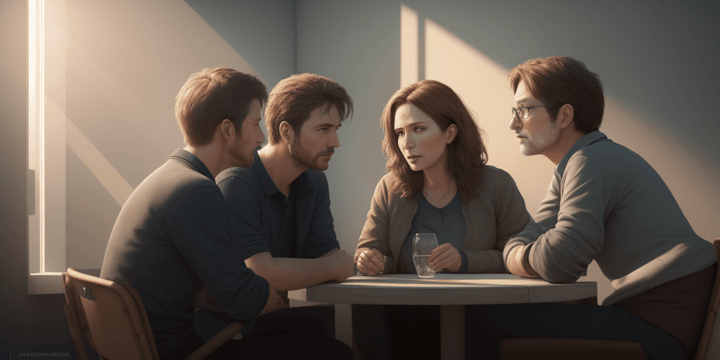AI generated: 3 people talking(2 man 1 woman), hyper realism, high detail, hd , 8k , light , sun light , 3 people