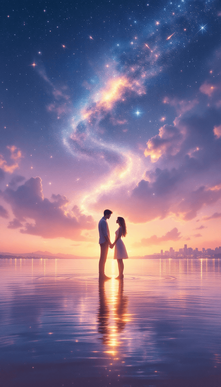 AI generated: Two souls stand hand in hand beneath an endless sky, surrounded by a dreamy, surreal landscape bathe...
