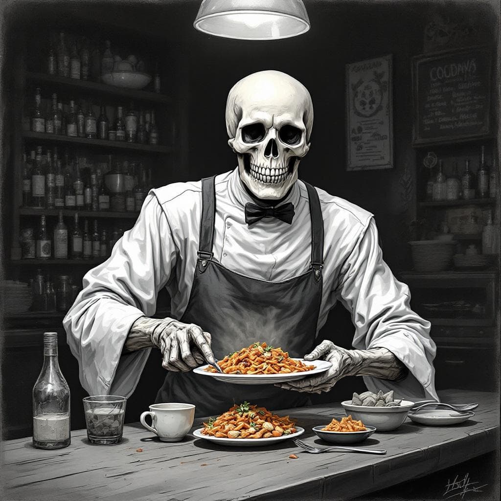 AI generated: Quiero la imagen de la muerte ofreciéndome un plato de coquinas recién hecho. La imagen tiene que se...