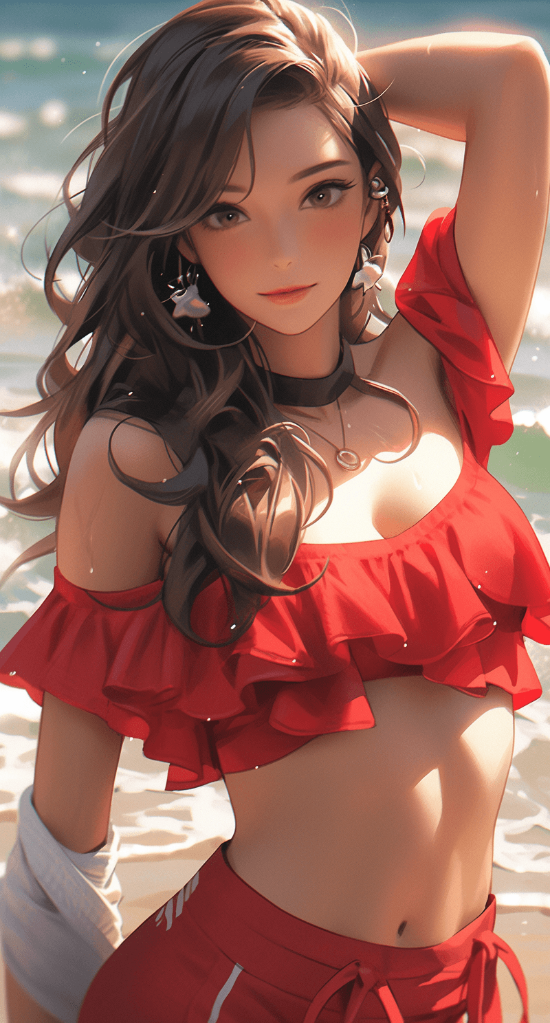 AI generated: Beautiful woman wearing a red bikini in a beach scene, in the style of artgerm, traditional chinese,...