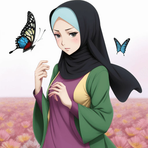 AI generated: anime women in hijab, cursing modest clothes with flowers and butterflies around