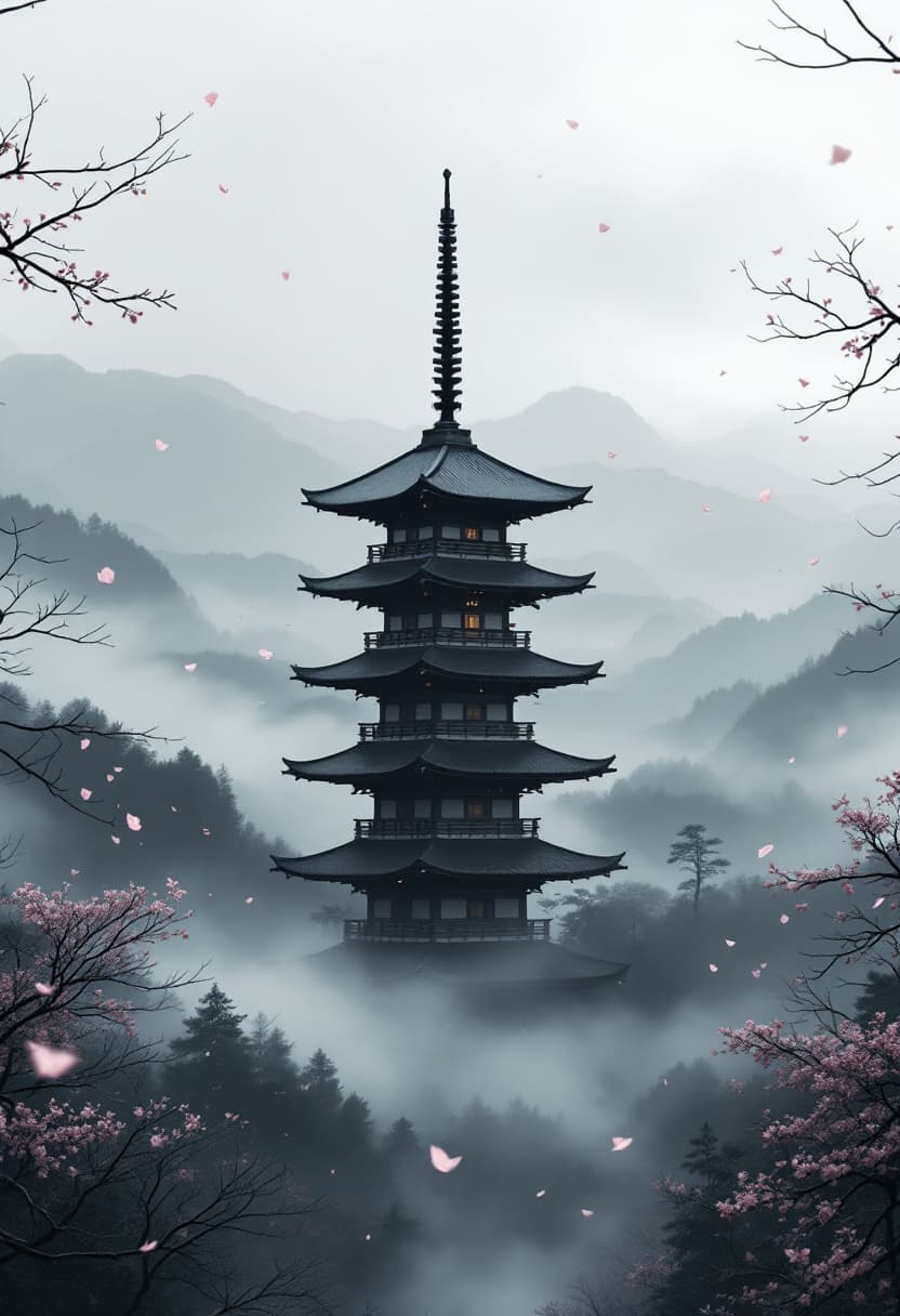 AI generated: Traditional Japanese pagoda standing tall in a foggy mountain valley, slightly off-center compositio...