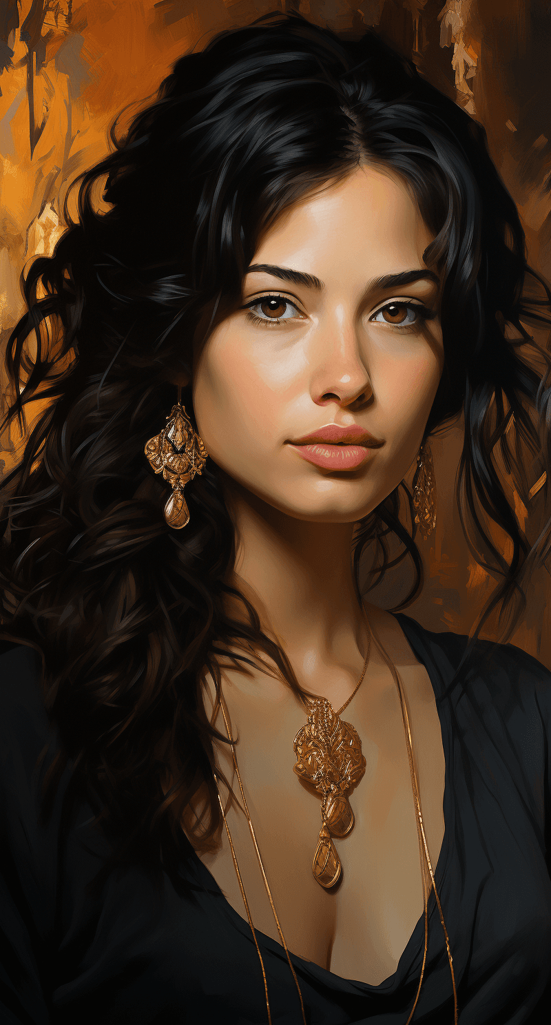 AI generated: a painting of a dark-haired woman wearing gold earrings, in the style of realistic color palette, ar...