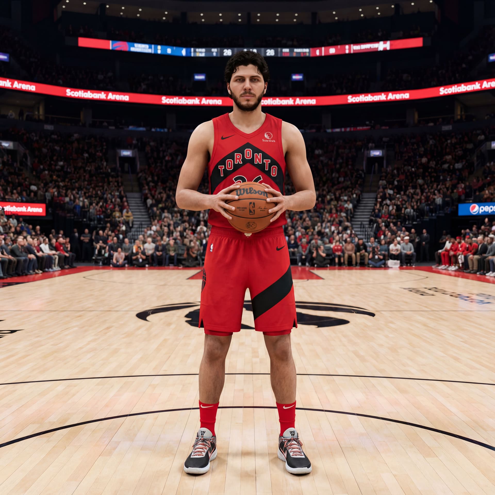 AI generated: Create into NBA  2k26 style character full. Toronto Raptors red jersey uniforms for 2025/2026 season...