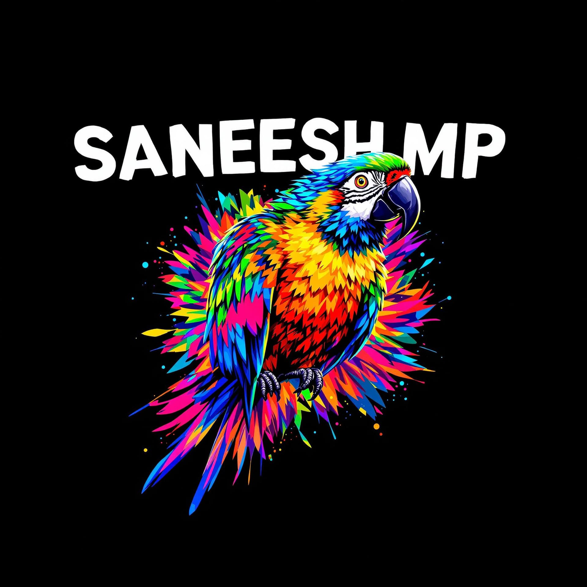 AI generated: A vibrant and bold design featuring the phrase 'SANEESH MP' in a striking white, uppercase, bold fon...