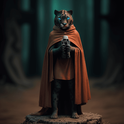 AI generated: cinematic film still awardwinning photo cute panther, rust, epic, wearing cultist cloak, full body ....