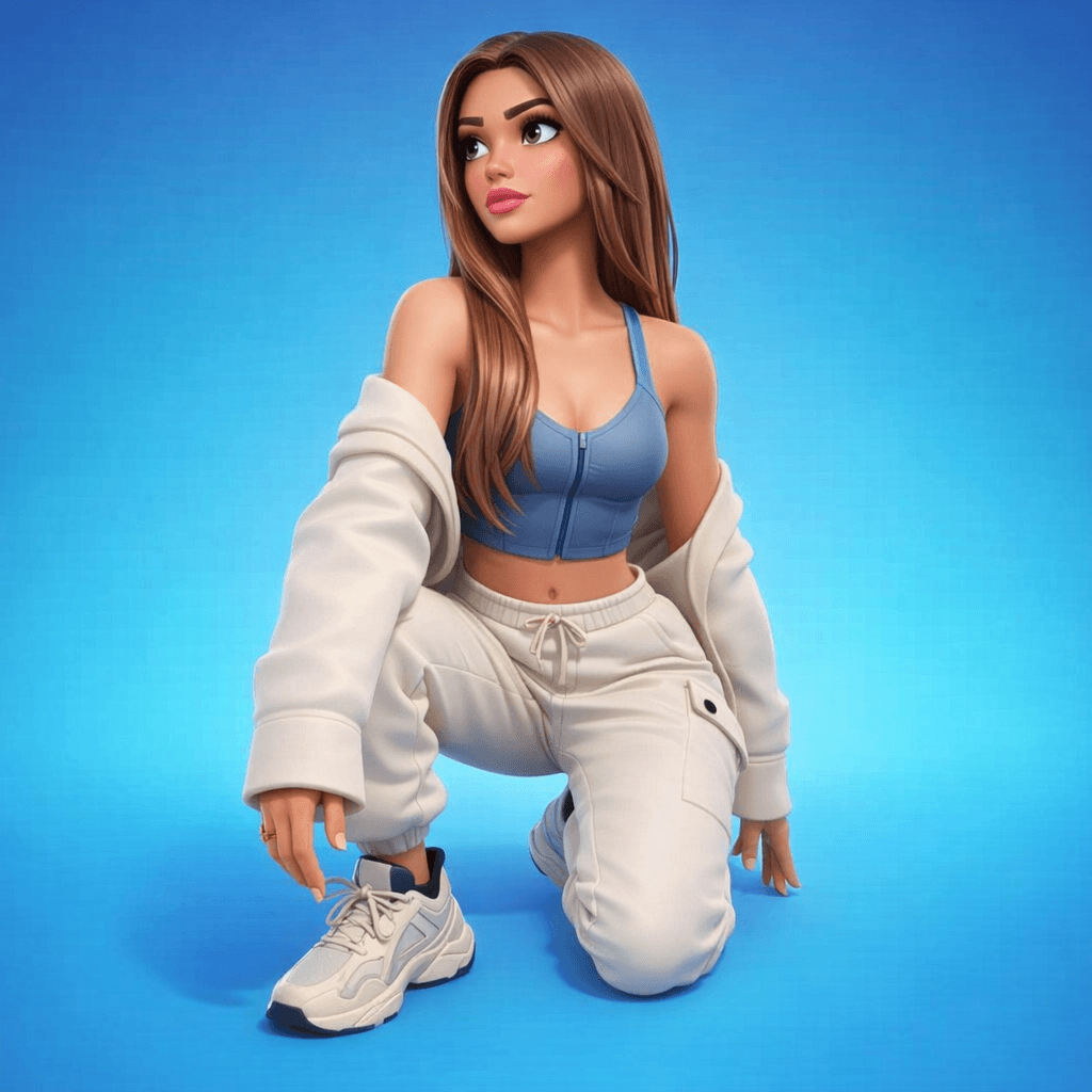 AI generated: Transform her into a smooth, stylized 3D Fortnite character. Maintain her facial identity and likene...