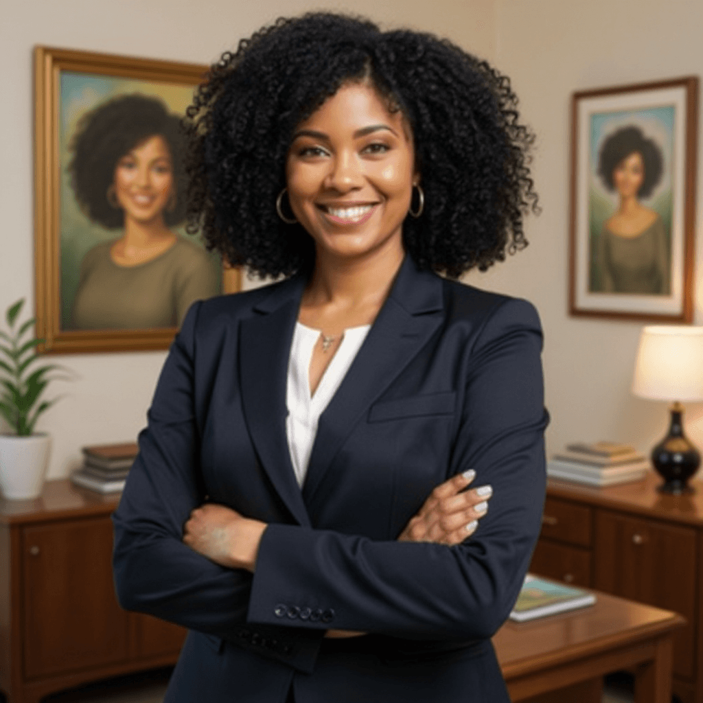 AI generated: A beautiful, medium-sized, dark-skinned woman wearing a business suit with matching accessories stan...