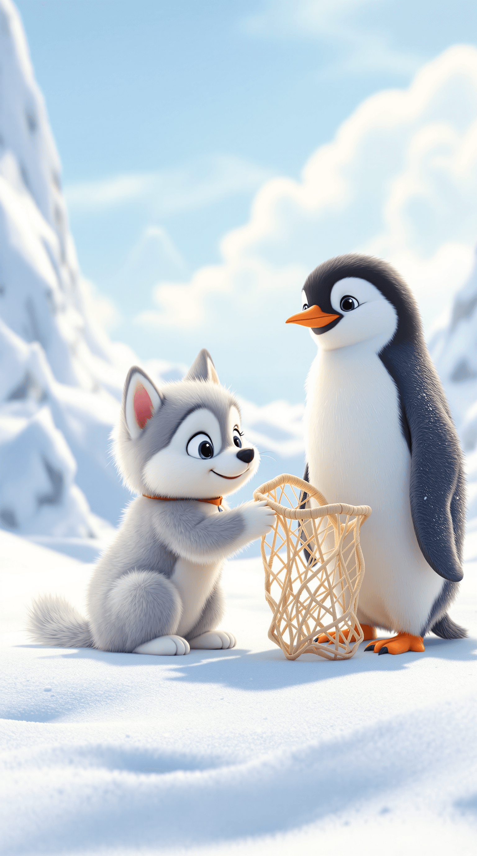 AI generated: A cartoon husky puppy and a cartoon penguin are depicted on a snowy landscape. The husky puppy, posi...