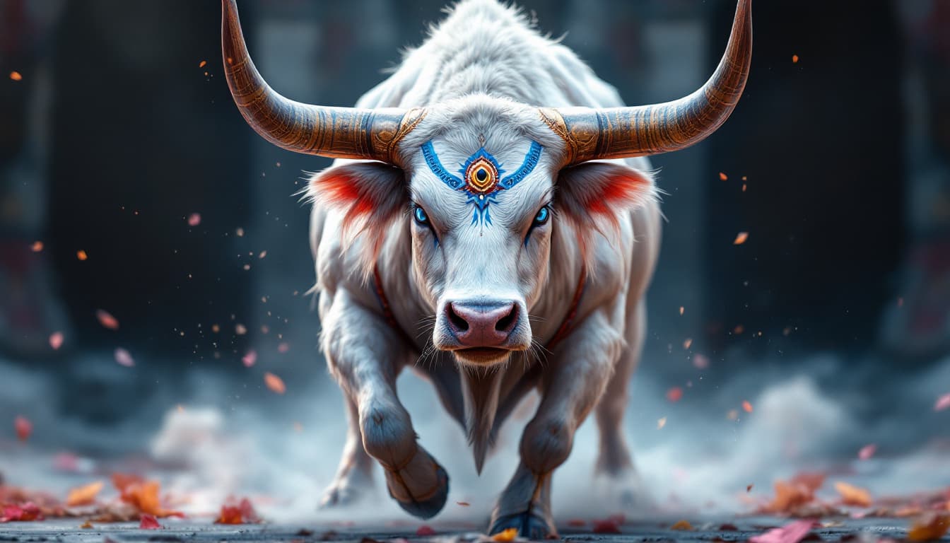 AI generated: A Full Body photo shot of a White British Blue bull, native bull warrior, riding on shiva, beautiful...