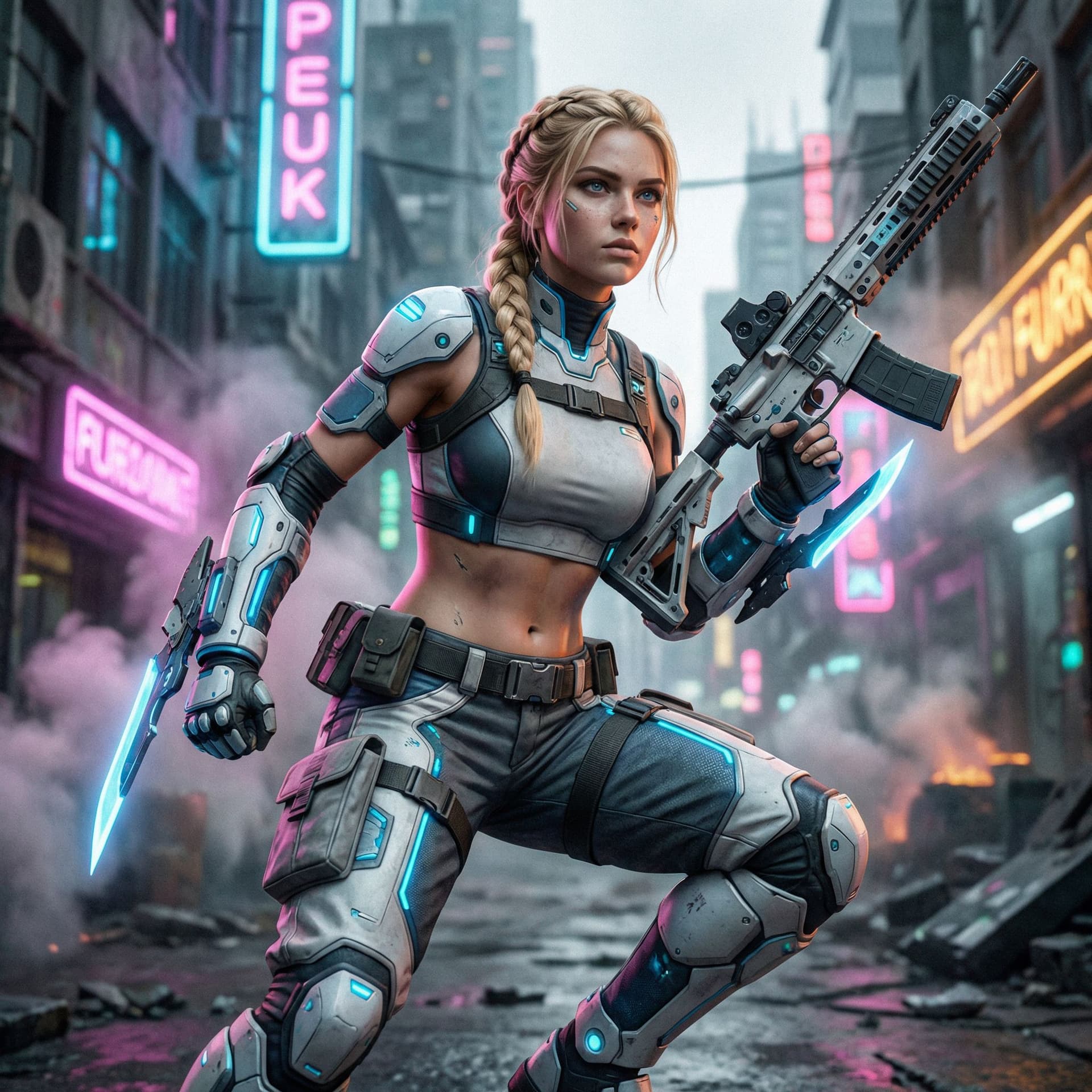 AI generated: une femme jeune, blonde, en tenue légère, combattante futuriste
