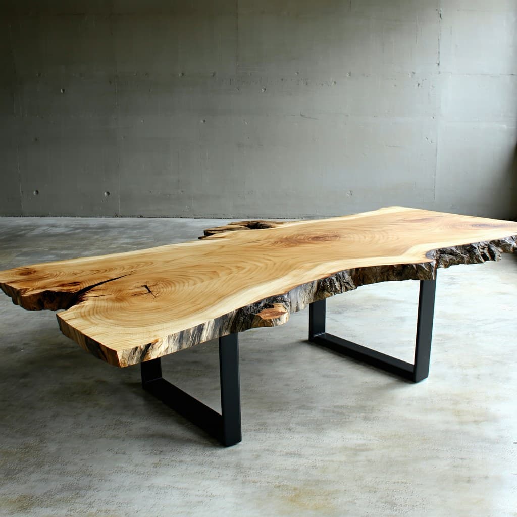 AI generated: 
A light wood live-edge dining table with black steel legs, displayed in an empty room setting. The ...