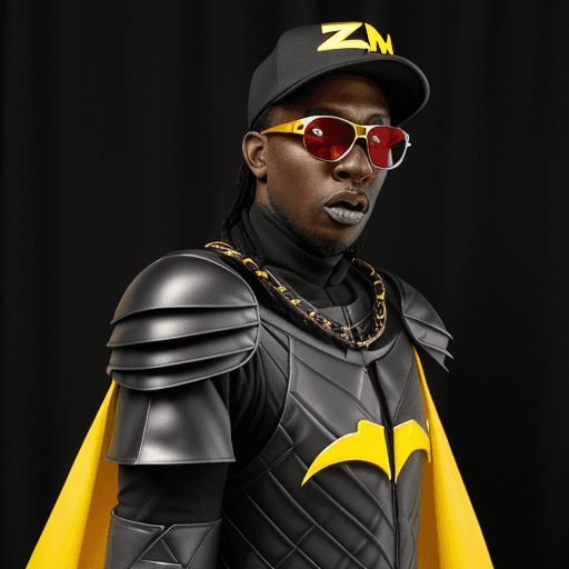 AI generated: A blackman, with a black baseball cap backwards,red sunglasses, in a black metallic dark knight armo...