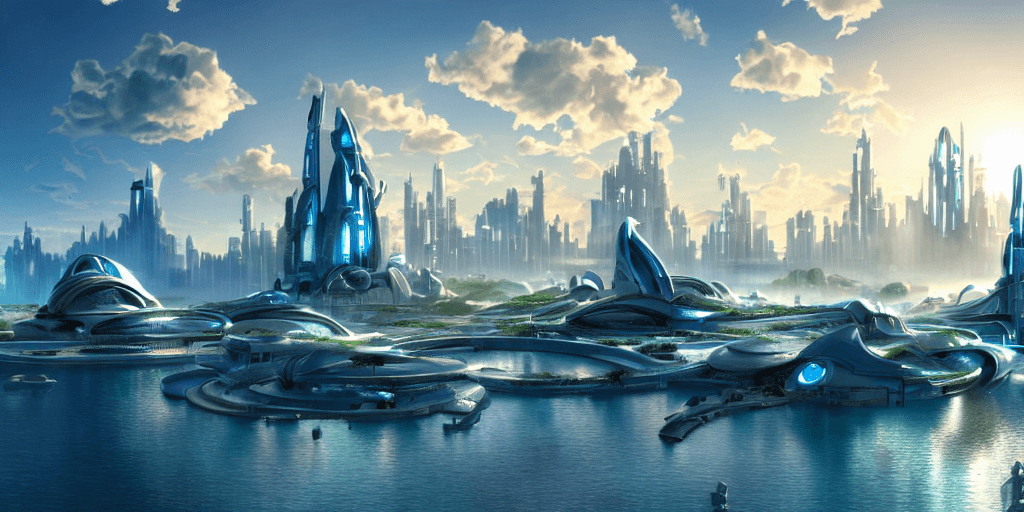 AI generated: futuristic high-tech realistic city of Atlantis in late afternoon light, wispy clouds in a blue sky ...
