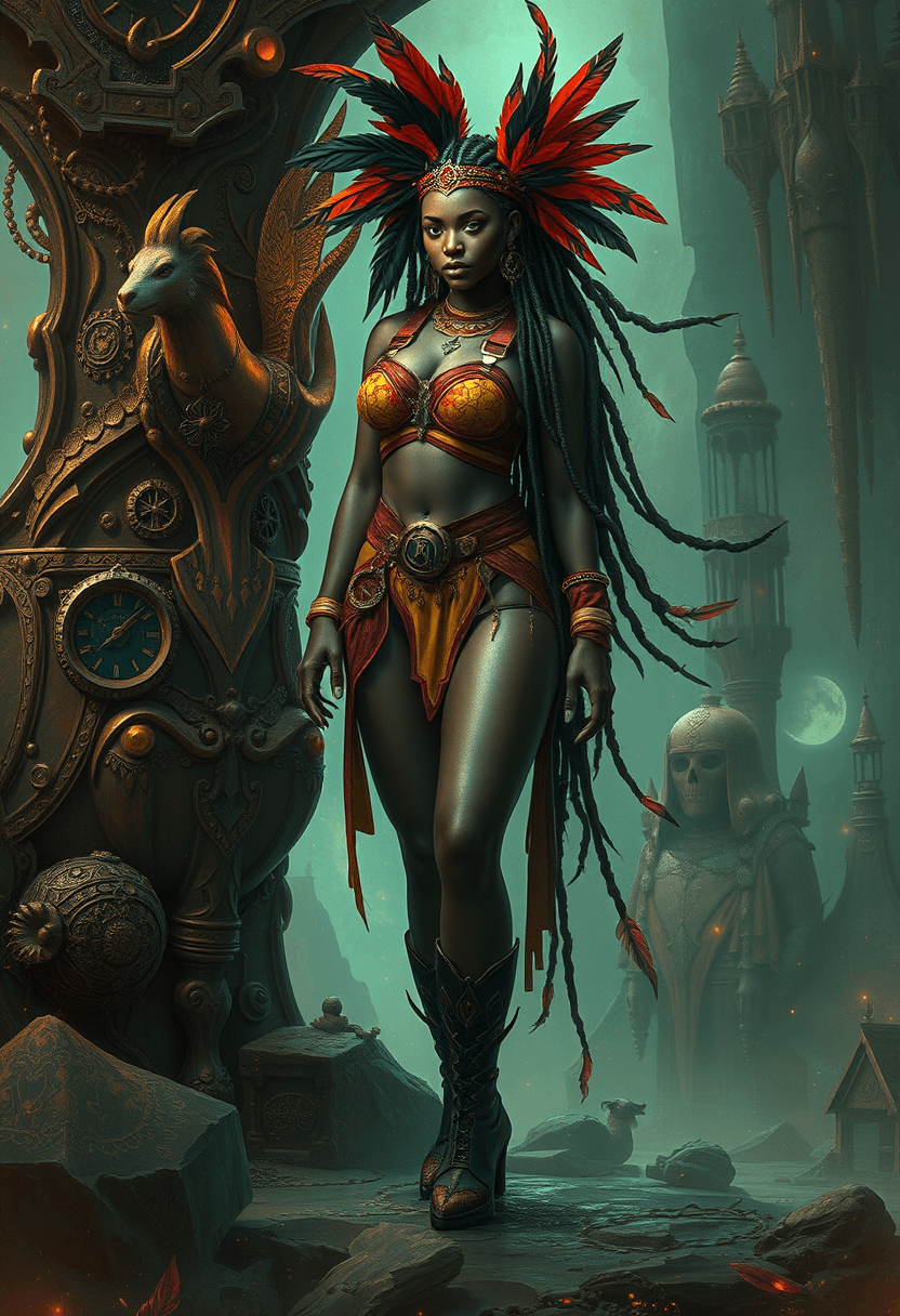 AI generated: illusion of a indigenous girl in 100 years later, with a red black harness on top, long dread hair w...