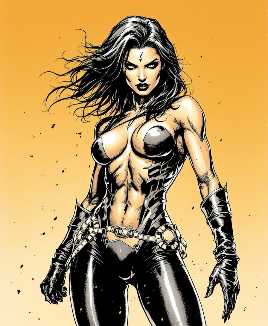 AI generated: female in 90s Top Cow comic style, dynamic pose, inked line art, comic book illustration, detailed s...