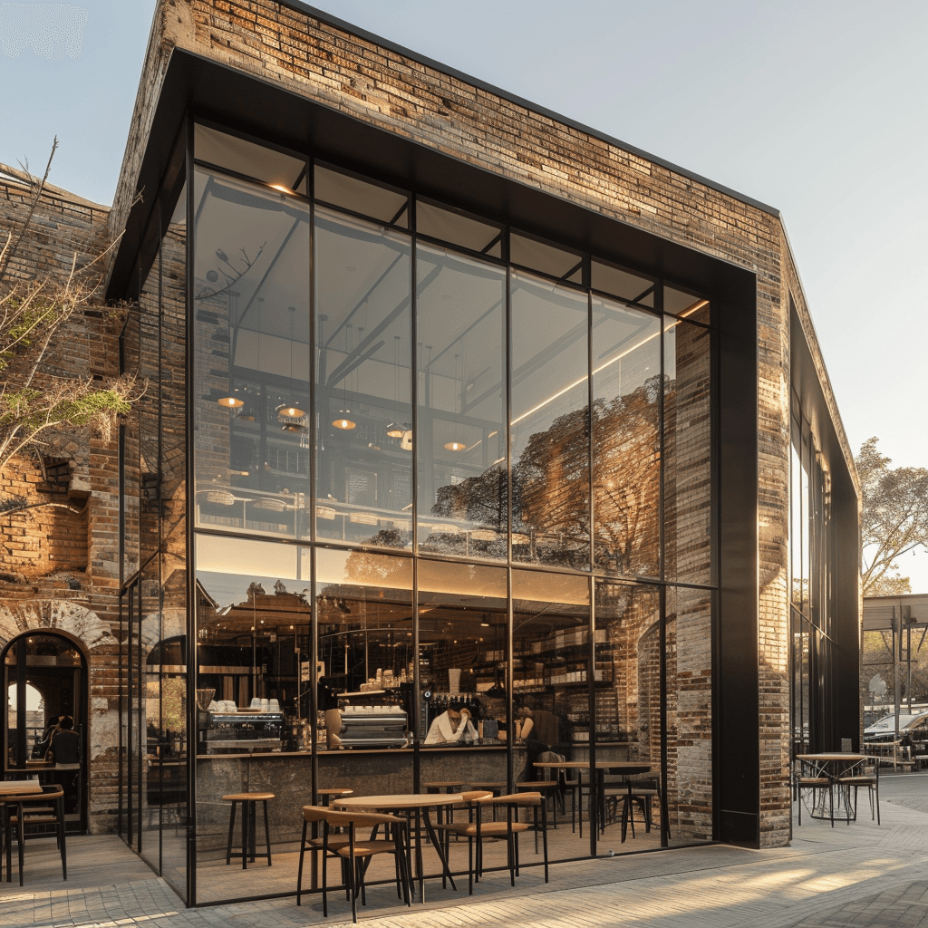 AI generated: modern and minimalist cafe facade, facade made of weathered bricks and expansive glass windows, shot...