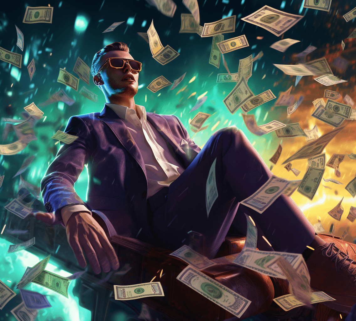 AI generated: jamie tony the money man, in the style of photorealistic compositions, dreamlike illustration, neon ...