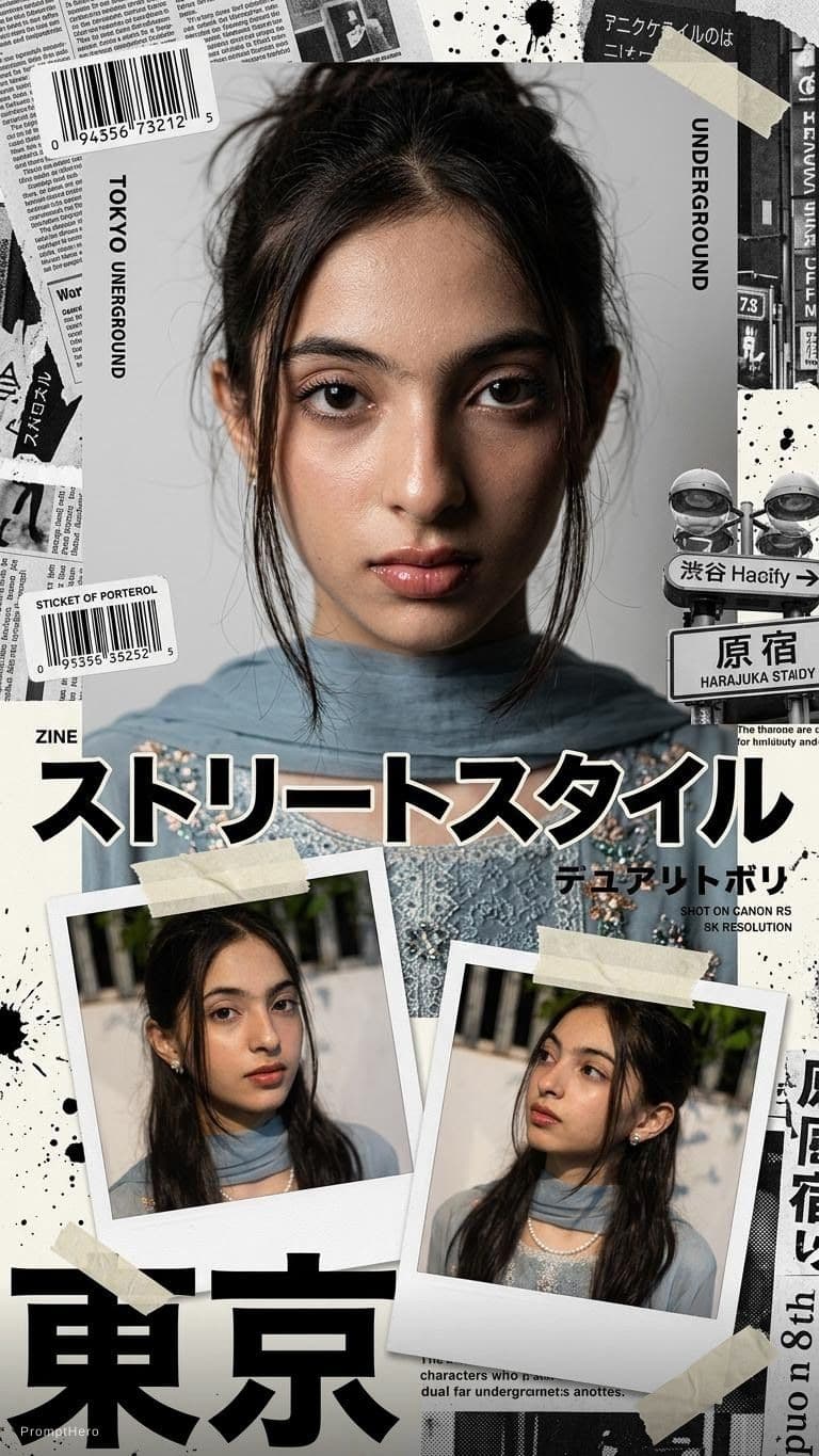 AI generated: Create a bold Y2K Japanese street-editorial collage poster with a clean high-fashion magazine aesthe...