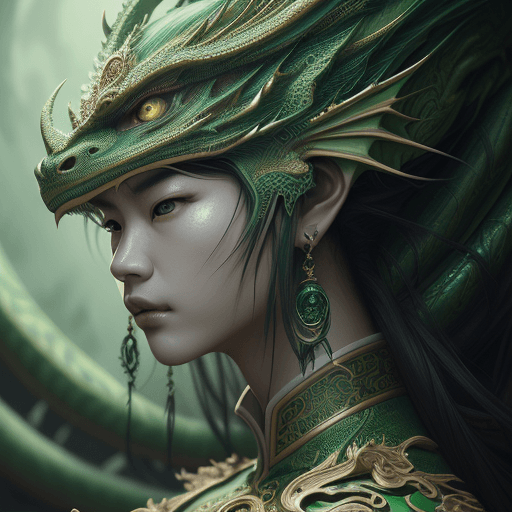 AI generated: portrait of Wang Zi-Ping who is part green dragon, insanely detailed and intricate, hypermaximalist,...