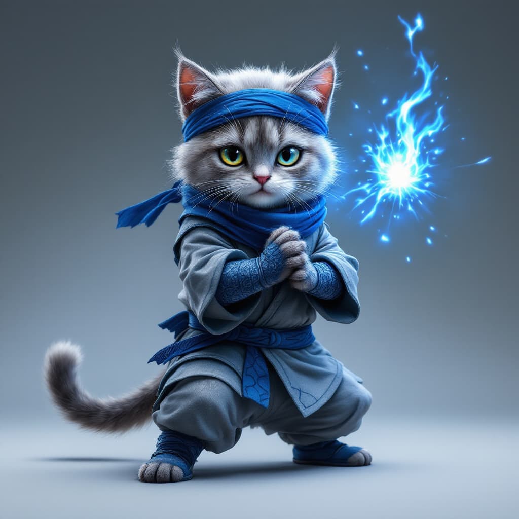 AI generated: an anthropomorphic cute cat wearing [ninja outfit : Gray ninja jacket, gray ninja pants, blue scale ...