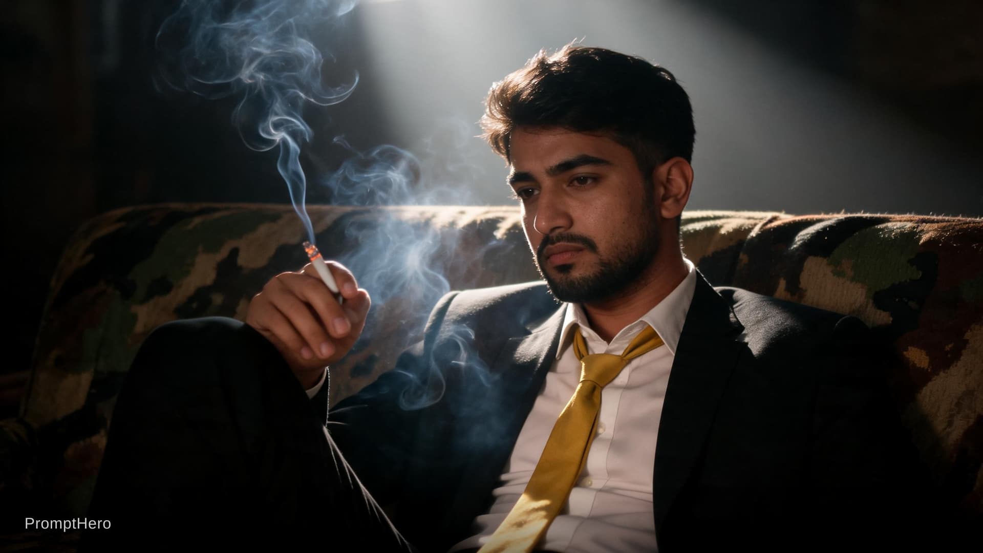 AI generated: photography, cover shoot, dimly lit room with a hazy atmosphere, capturing a professional male model...
