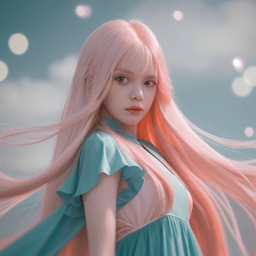 AI generated: a girl, light dress, strong wind, long pink hair, (apterus style:1.3), (dark shot:1.4), 80mm, soft l...