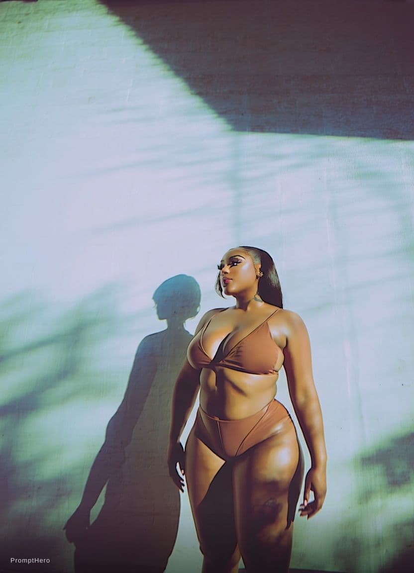 AI generated: She is chubby girl with big boobs small waist and wider hips.
She wearing bright browncolor hot biki...