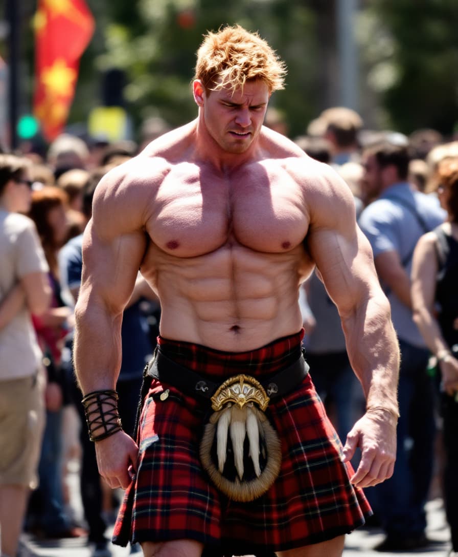AI generated: high-resolution photo muscular man, show boots, reddish blonde hair, ashamed expression, wearing a t...