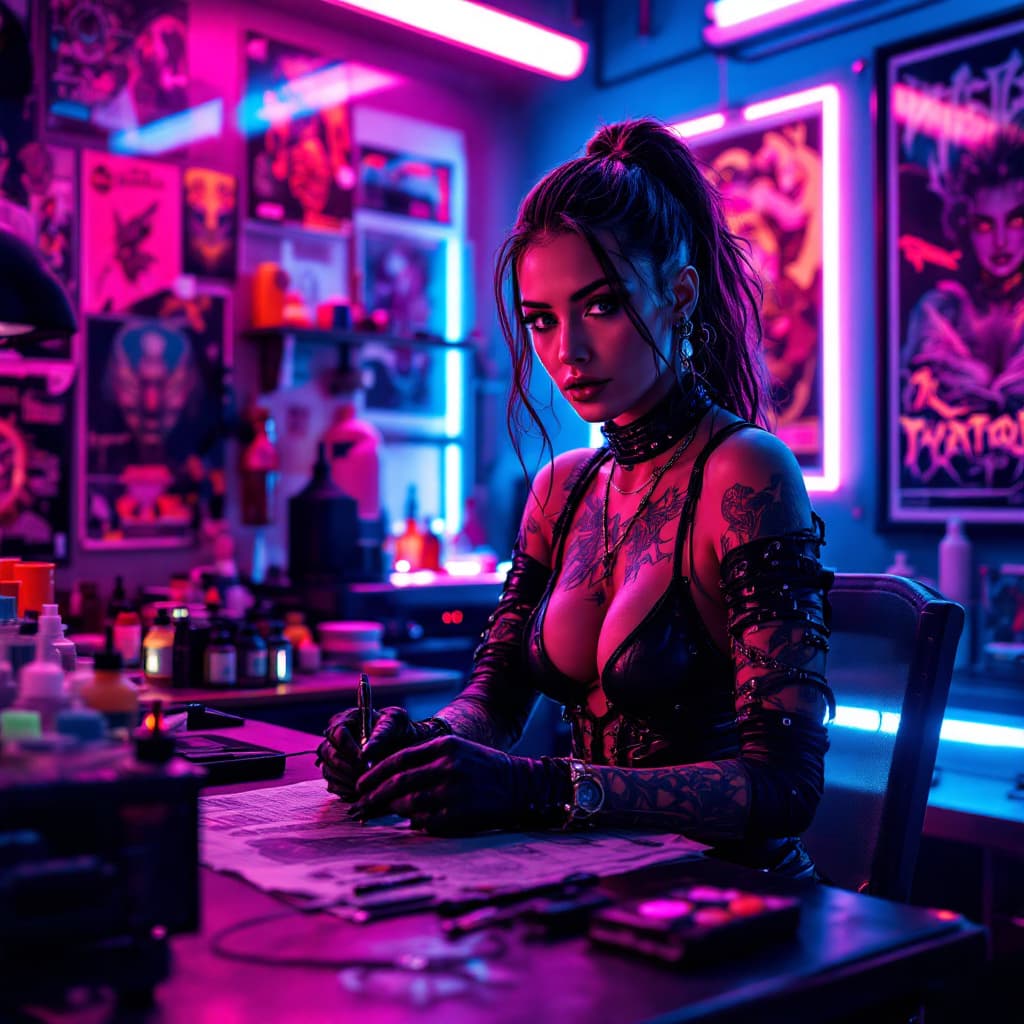 AI generated: A tattooed woman in a futuristic tattoo studio, bathed in neon blue and pink lights. She wears a sle...