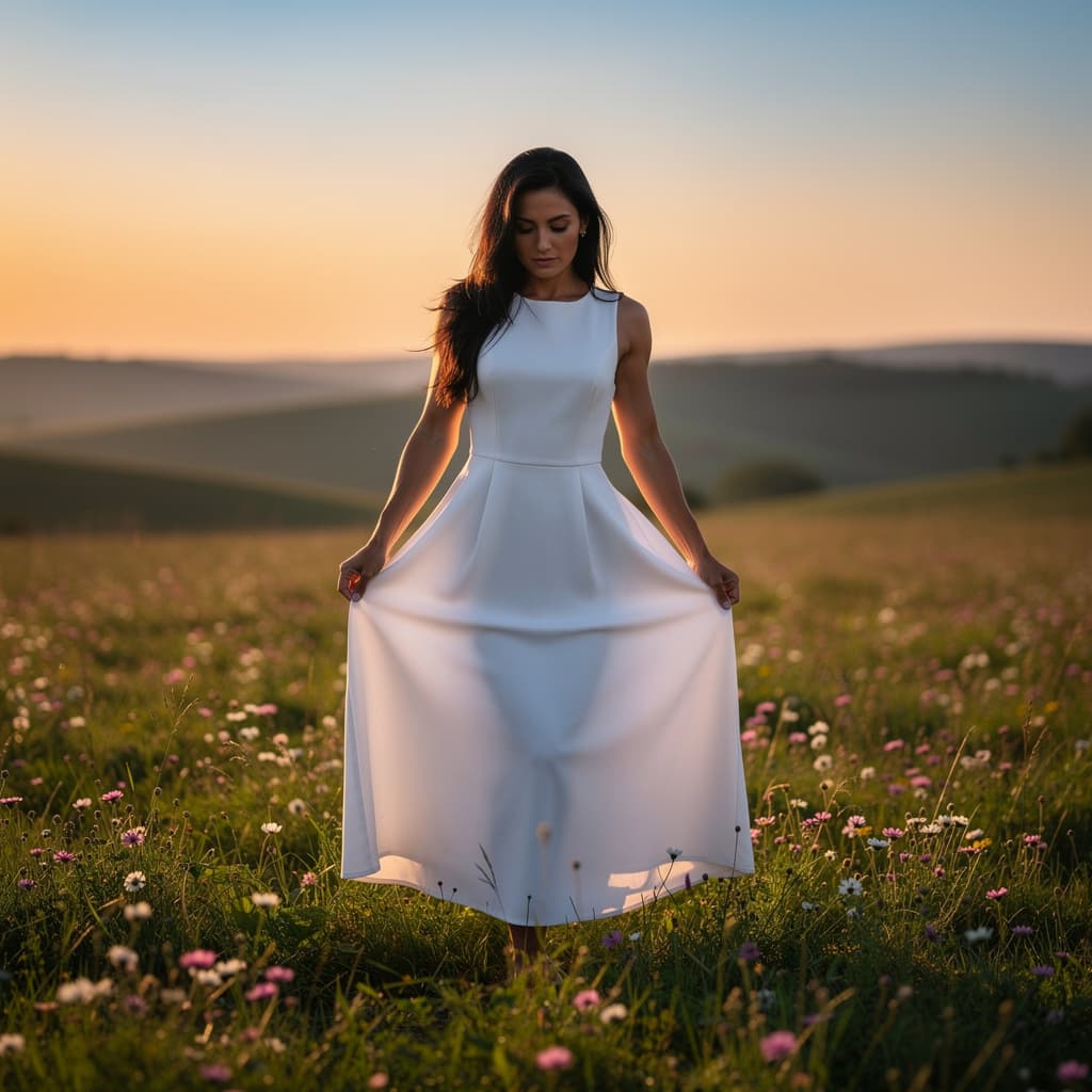 AI generated: A fit adult woman in a white sleeveless dress stands amidst a lush green field dotted with pink and ...