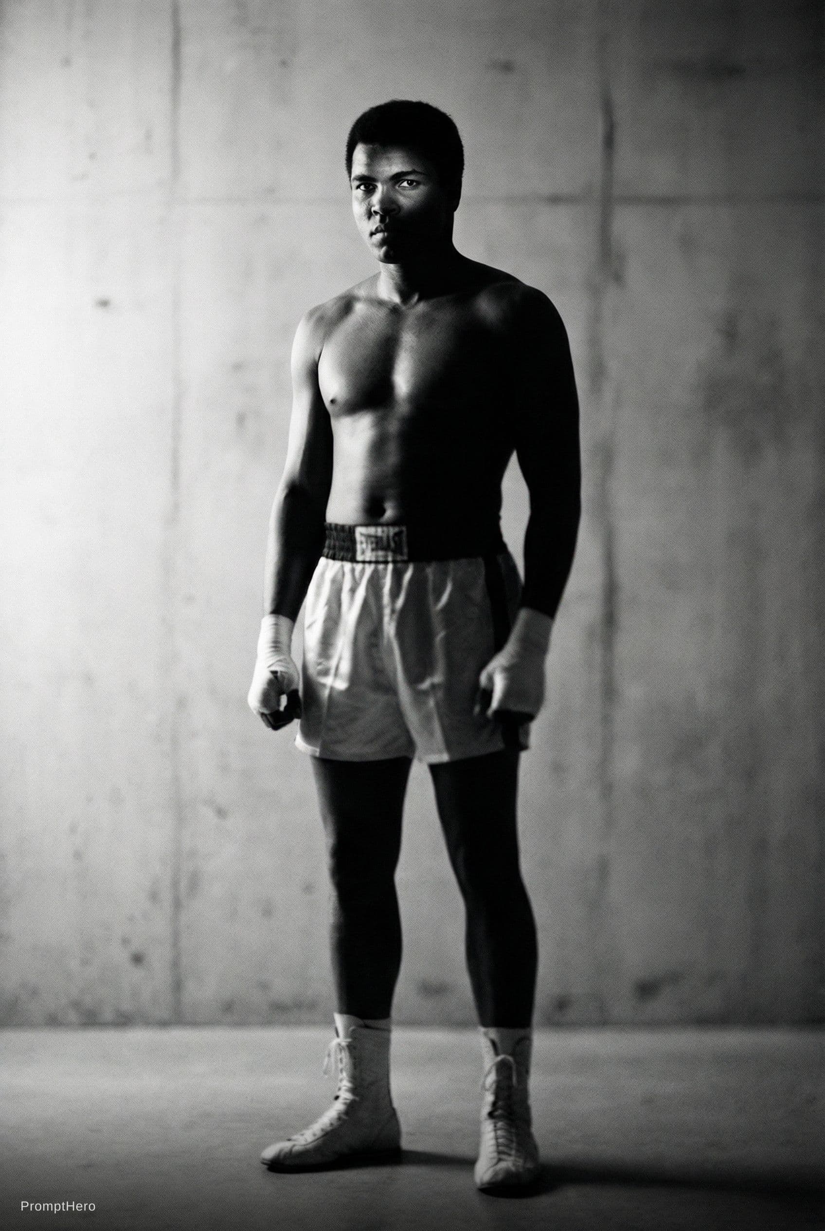AI generated: Ultra-realistic fullbody portrait black and white cinematic portrait of Muhammad Ali standing, drama...