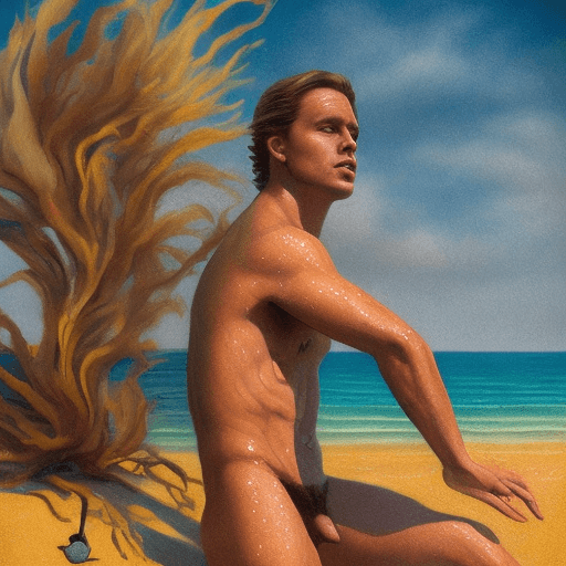 AI generated: "A half-naked man", swimming at the beach. The water is cool and refreshing, and the sun is shining ...