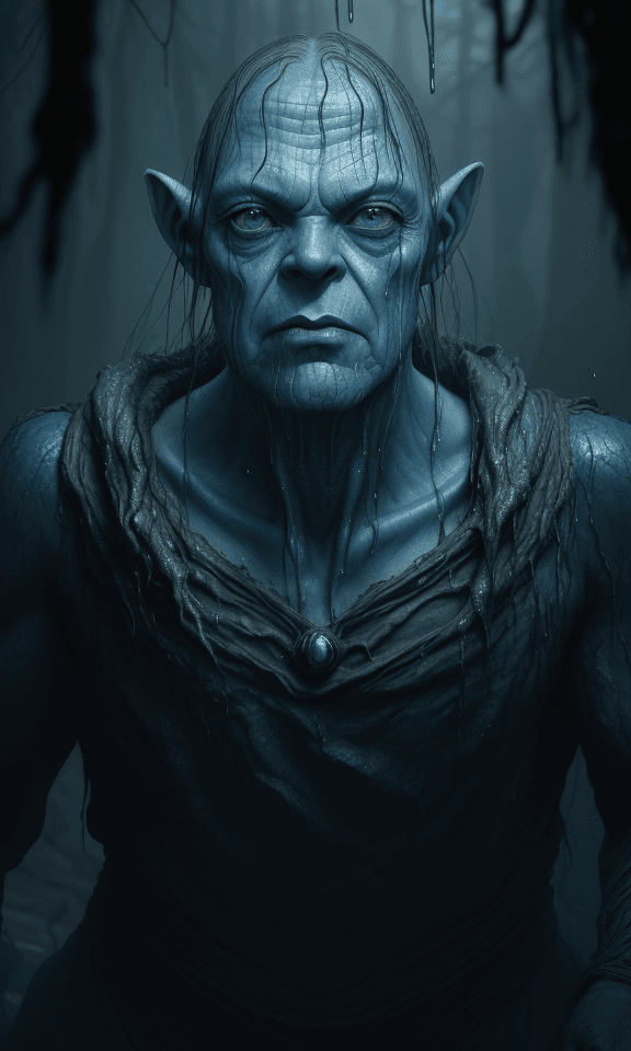 AI generated: glamour shot of Gollum, real captain thanos blue,Lord of rings, John Tolkien, morbide, dark, very de...