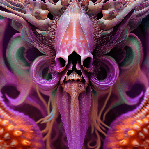 AI generated: Goddess close-up portrait ribcagel. jellyfish phoenix head, nautilus, orchid, skull, betta fish, bio...
