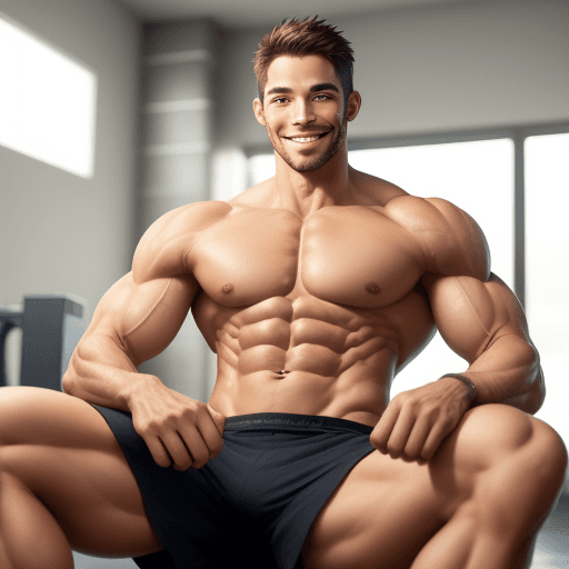 AI generated: a jacked men, low body fat, sitting, smiling, seeing a skinny men  